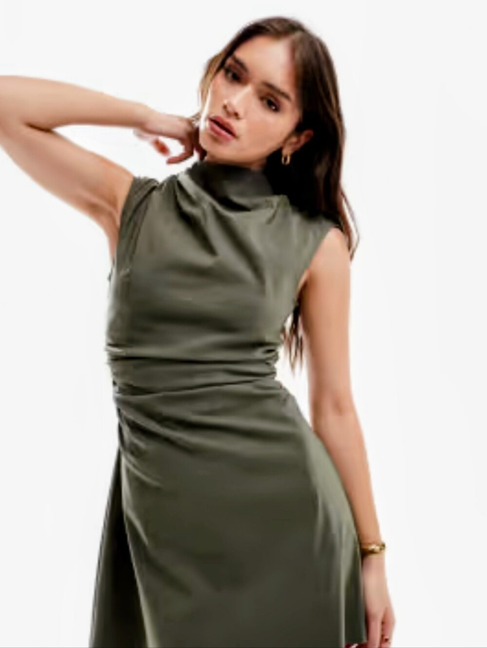 Shein Mockneck Tucks Midi Dress Size Extra Small Olive Green Party Casual